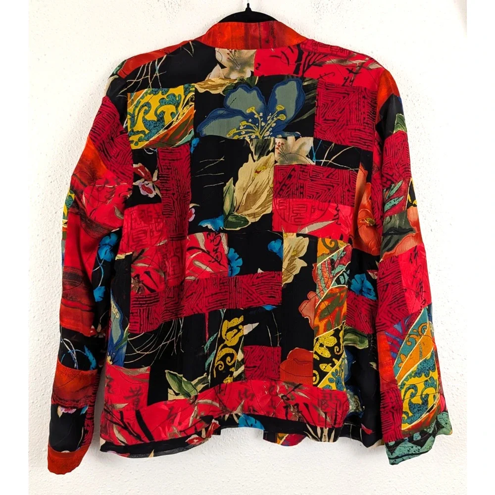 Chico's sz 1 M 8-10 100% silk Open Front Jacket lined colorful asian theme 4033